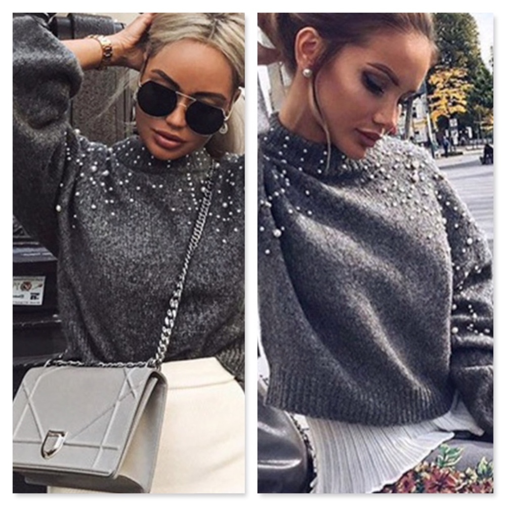 Pearl Beading Lantern Sleeve High Neck Sweater - Picture 4 of 8